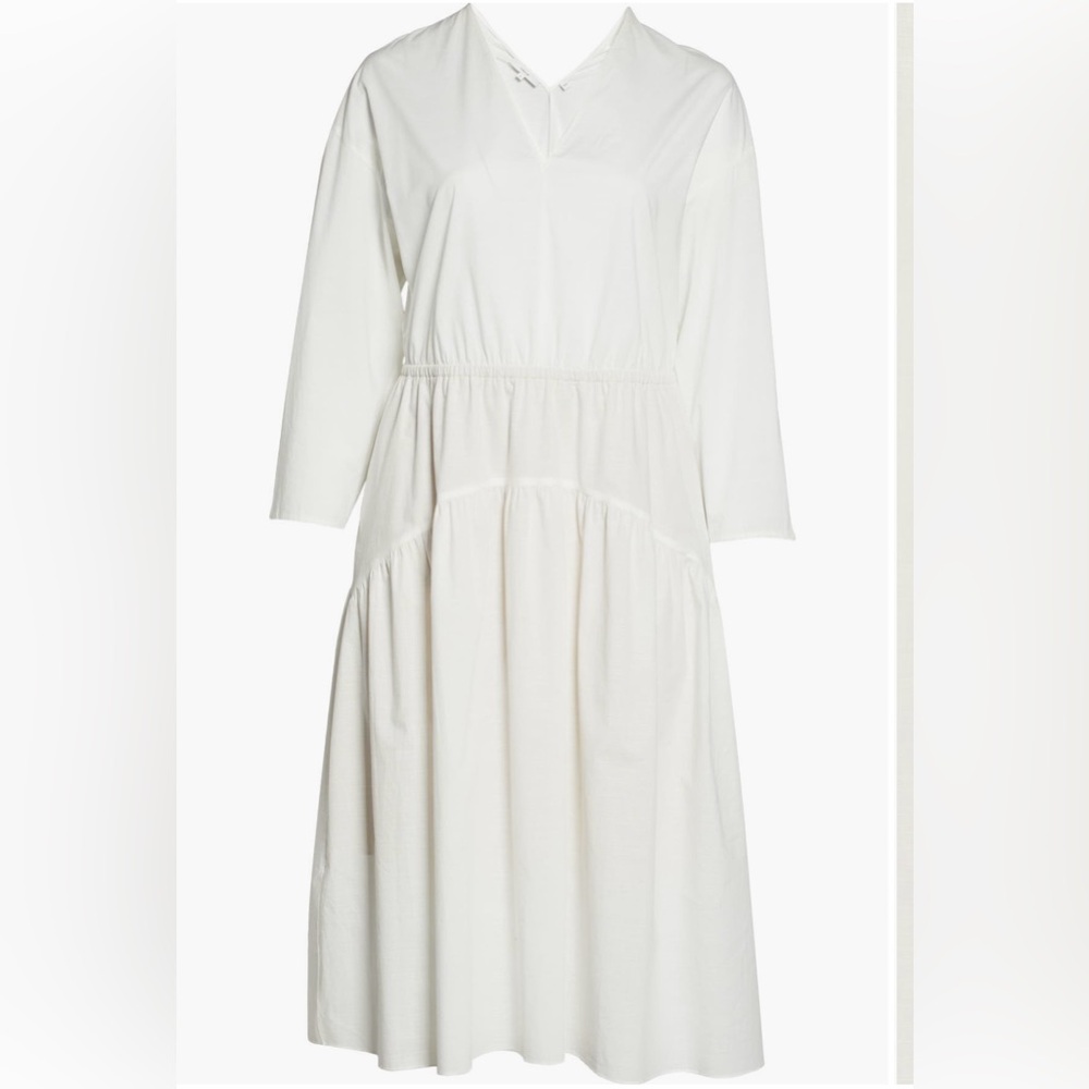 Vince (NWT) White Tiered Double V-Neck Cotton Long‎ Sleeve Dress-Size 2X